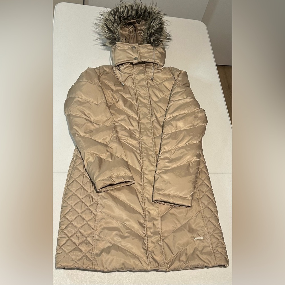 Kenneth Cole Reaction Down Puffer Long Coat Women’s Size Small Tan Faux Fur Hood